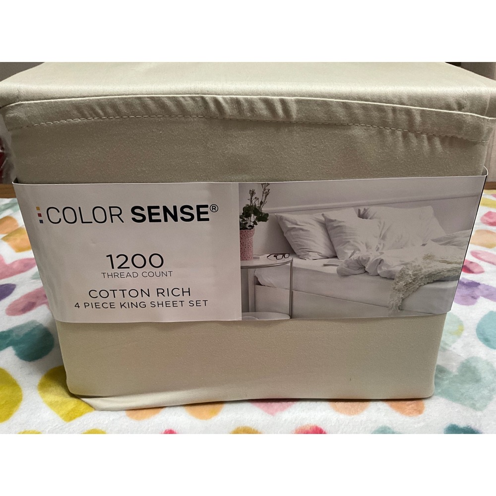 Color Sense 1200 Thread Count Cotton Rich 4 Piece King Sheet Set Tan Beige New